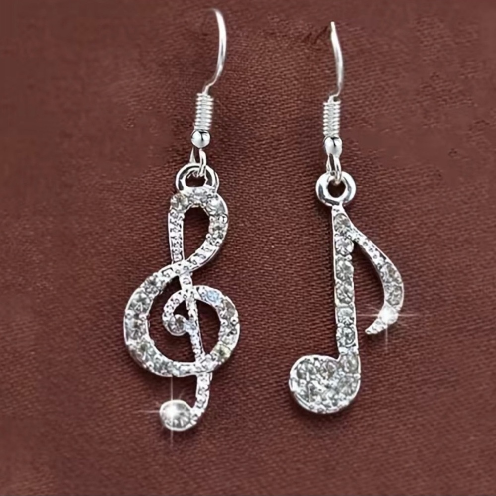 Earrings Silver Sparkling Musical Note Asymmetrical Dangle Drop Earrings